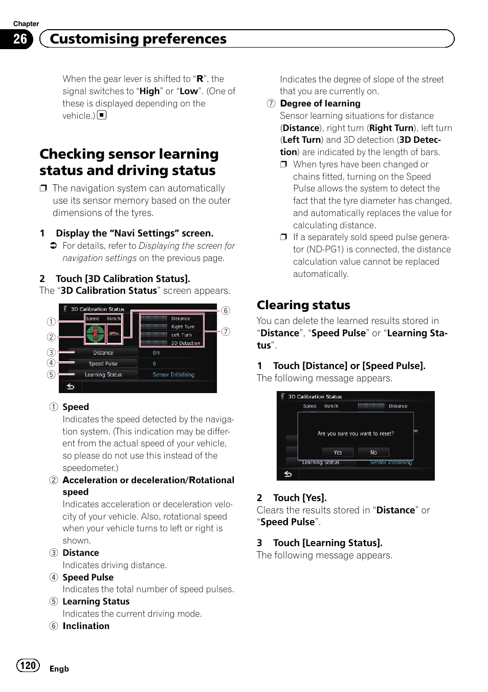Checking sensor learning status and driving, Status, Clearing status 120 | Checking sensor learning status and driving status, 26 customising preferences, Clearing status | Pioneer AVIC-F930BT User Manual | Page 120 / 192