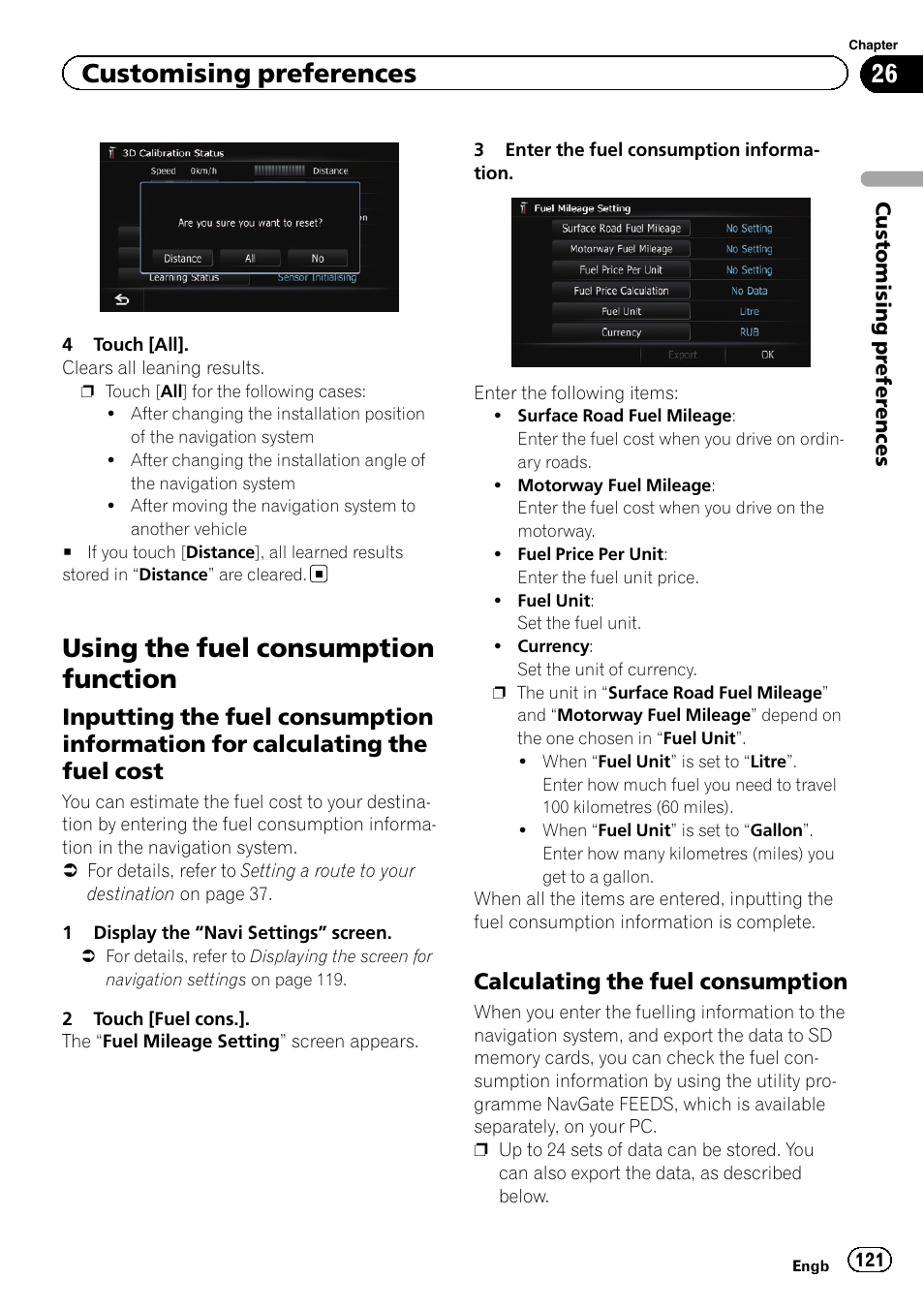 Using the fuel consumption function, Inputting the fuel consumption, Information for calculating the fuel cost | Calculating the fuel consumption 121, Inputting the fuel, Customising preferences, Calculating the fuel consumption | Pioneer AVIC-F930BT User Manual | Page 121 / 192
