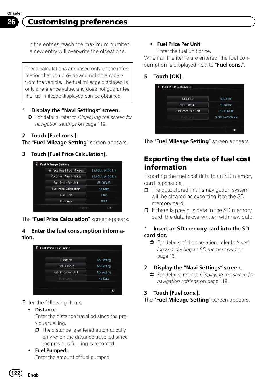 Exporting the data of fuel cost, Information, 26 customising preferences | Exporting the data of fuel cost information | Pioneer AVIC-F930BT User Manual | Page 122 / 192