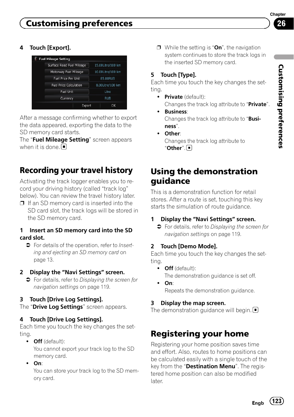Recording your travel history, Using the demonstration guidance, Registering your home | Registering your, Customising preferences | Pioneer AVIC-F930BT User Manual | Page 123 / 192