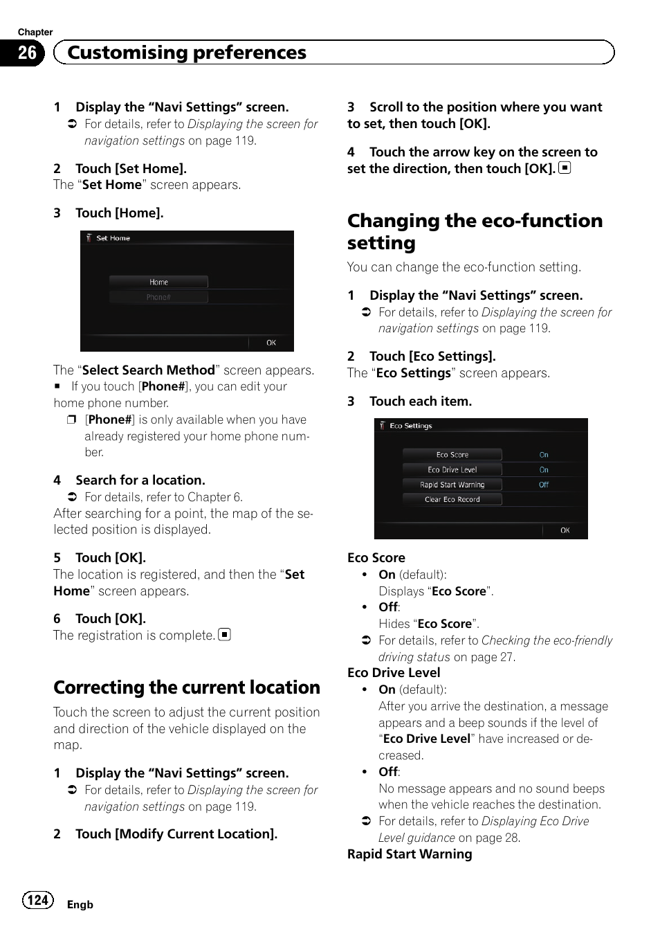 Correcting the current location, Changing the eco-function setting, Changing the eco-func | Chan, 26 customising preferences | Pioneer AVIC-F930BT User Manual | Page 124 / 192