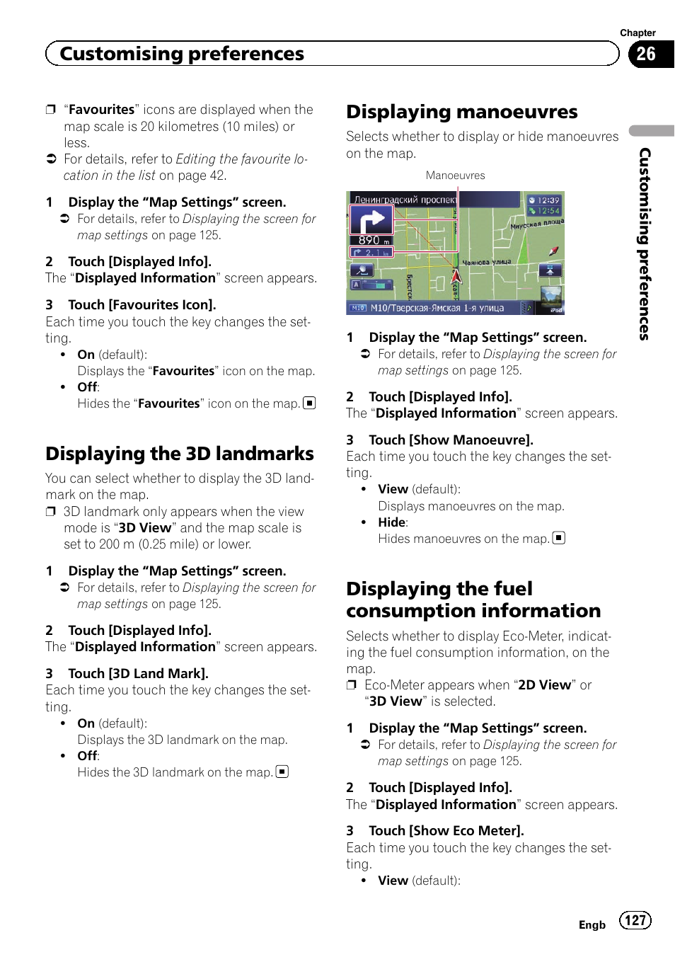 Displaying the 3d landmarks, Displaying manoeuvres, Displaying the fuel consumption | Information, Displaying man, Displaying the fuel, Displaying the fuel consumption information, Customising preferences | Pioneer AVIC-F930BT User Manual | Page 127 / 192