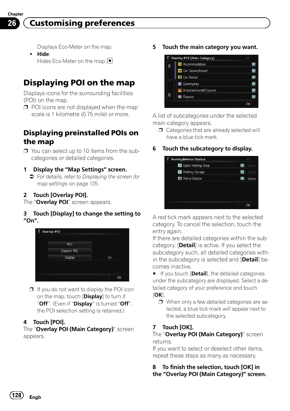 Displaying poi on the map, Displaying preinstalled pois on the, Displaying poi on the | 26 customising preferences, Displaying preinstalled pois on the map | Pioneer AVIC-F930BT User Manual | Page 128 / 192