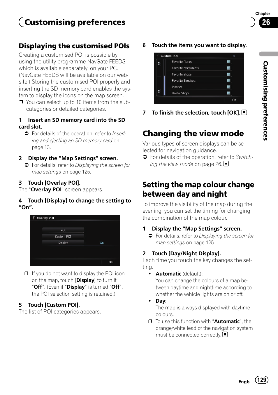 Displaying the customised pois 129, Changing the view mode, Setting the map colour change between day | And night, Customising preferences, Displaying the customised pois | Pioneer AVIC-F930BT User Manual | Page 129 / 192
