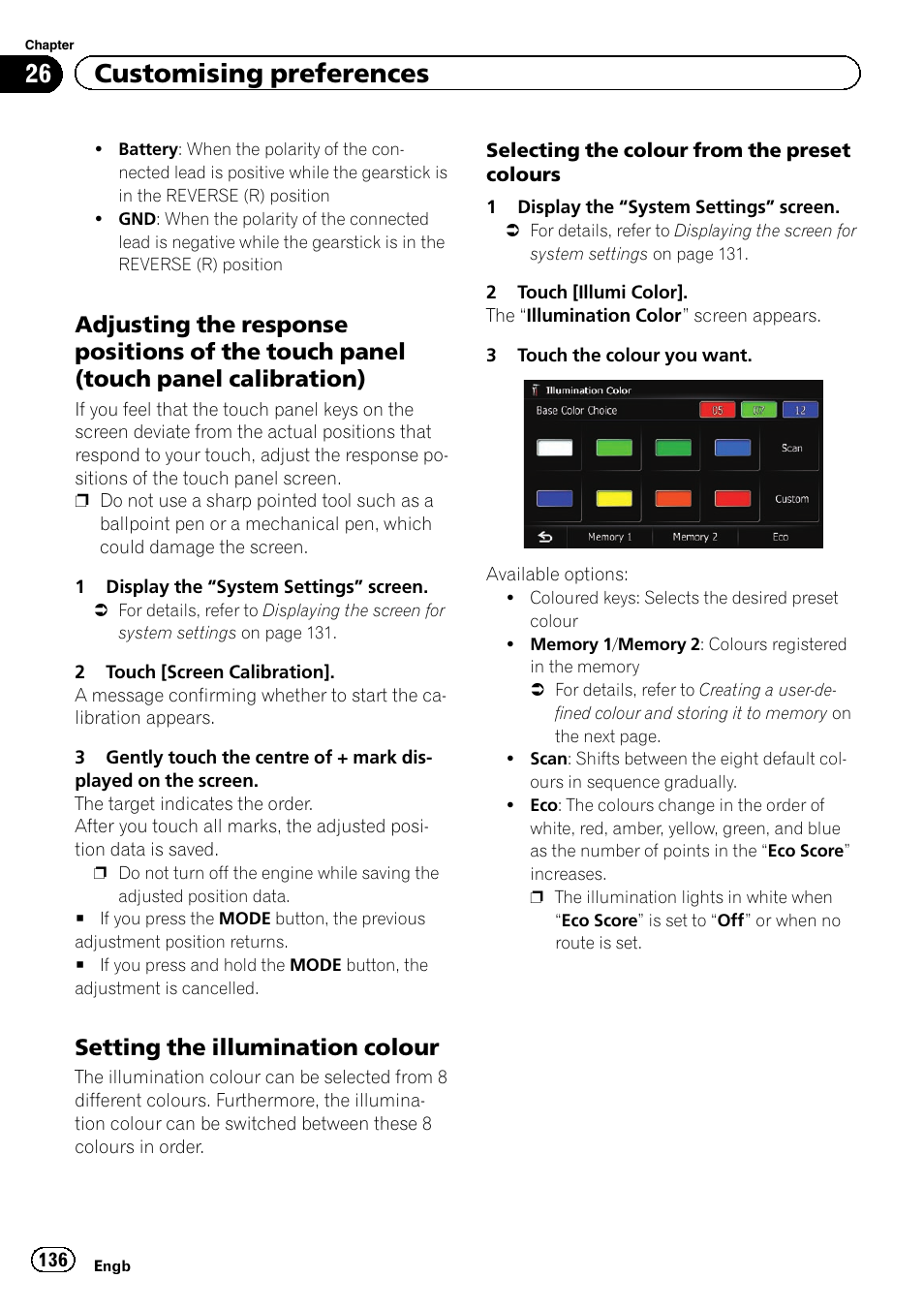 Adjusting the response positions of the, Touch panel (touch panel calibration), Setting the illumination colour 136 | 26 customising preferences, Setting the illumination colour | Pioneer AVIC-F930BT User Manual | Page 136 / 192
