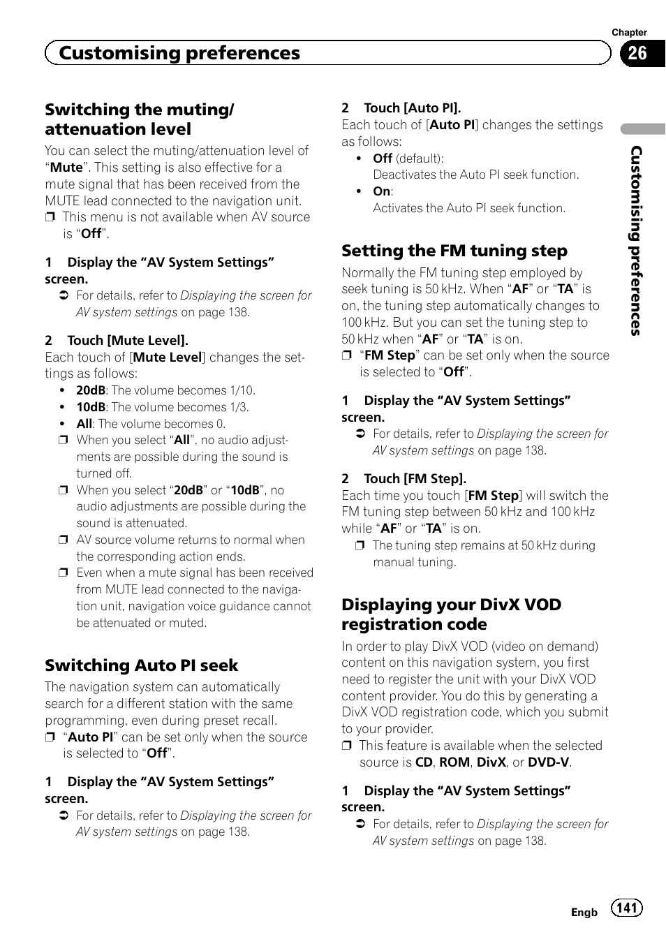 Switching the muting/attenuation, Level, Switching auto pi seek 141 | Setting the fm tuning step 141, Displaying your divx vod registration, Code, Switching auto pi seek, Customising preferences, Switching the muting/ attenuation level, Setting the fm tuning step | Pioneer AVIC-F930BT User Manual | Page 141 / 192