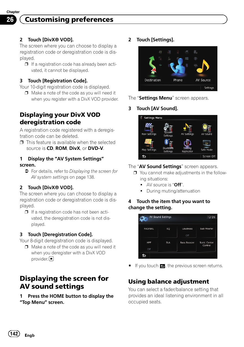 Displaying your divx vod, Deregistration code, Displaying the screen for av sound | Settings, Using balance adjustment 142, Displaying the screen for av sound settings, 26 customising preferences, Displaying your divx vod deregistration code, Using balance adjustment | Pioneer AVIC-F930BT User Manual | Page 142 / 192