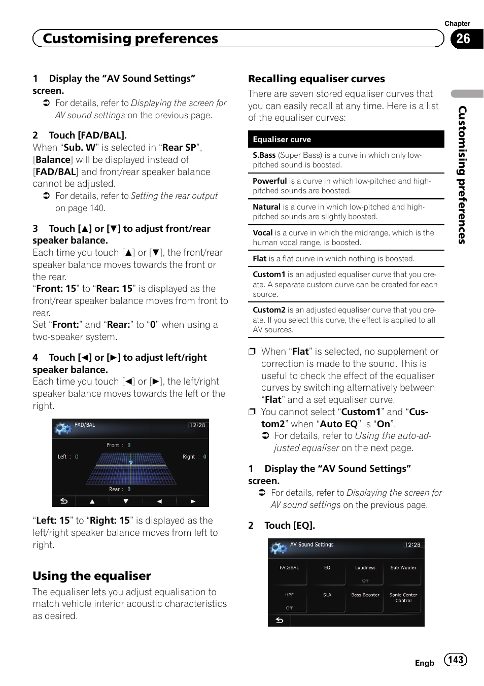 Using the equaliser 143, Using the equaliser, Customising preferences | Pioneer AVIC-F930BT User Manual | Page 143 / 192