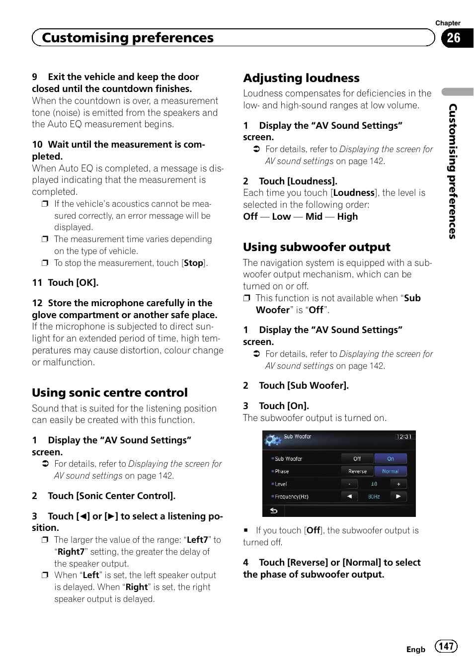 Using sonic centre control 147, Adjusting loudness 147, Using subwoofer output 147 | Customising preferences, Using sonic centre control, Adjusting loudness, Using subwoofer output | Pioneer AVIC-F930BT User Manual | Page 147 / 192