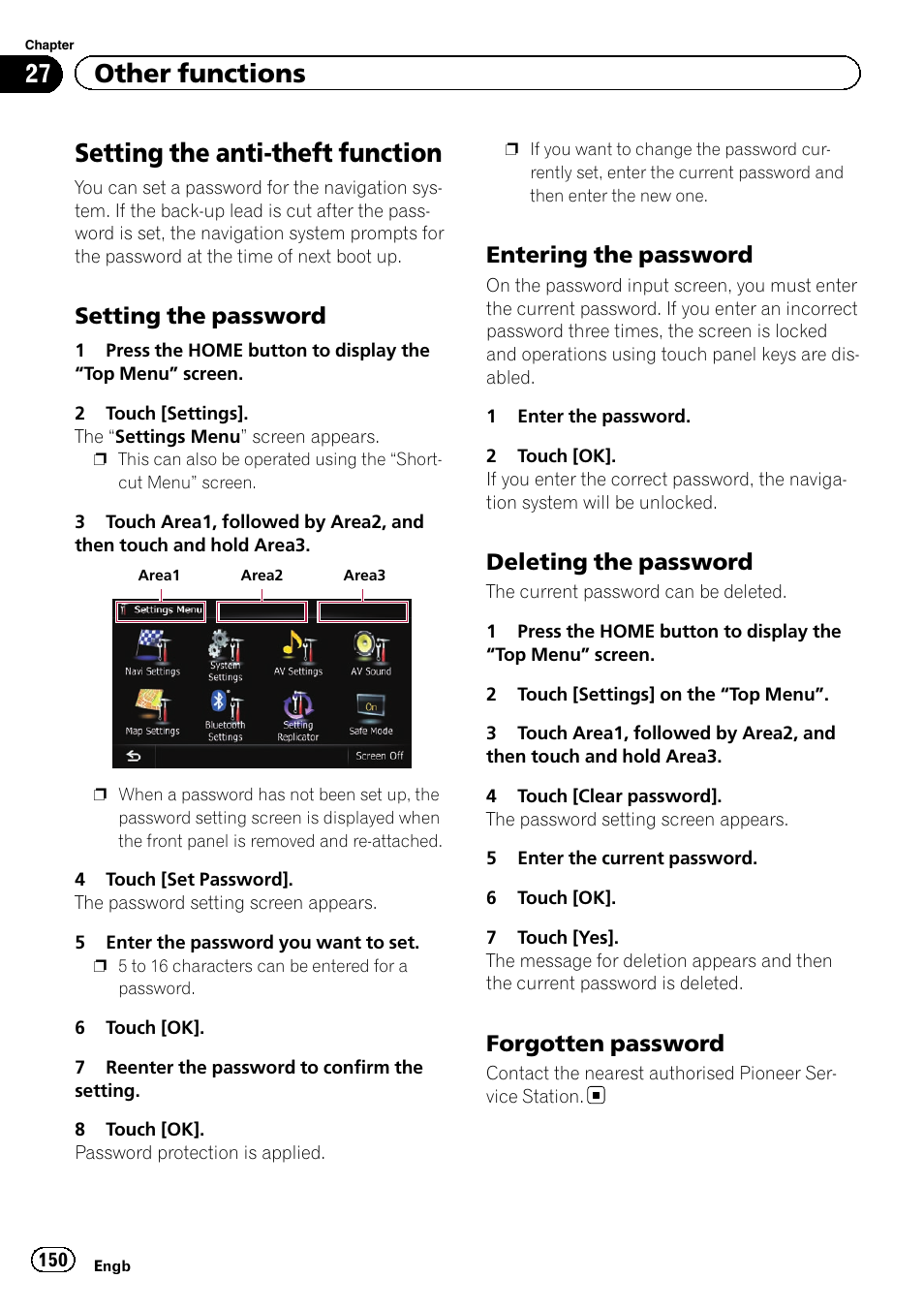 Other functions setting the anti-theft function, Setting the password 150, Entering the password 150 | Deleting the password 150, Forgotten password 150, Setting the anti-theft function, 27 other functions, Setting the password, Entering the password, Deleting the password | Pioneer AVIC-F930BT User Manual | Page 150 / 192
