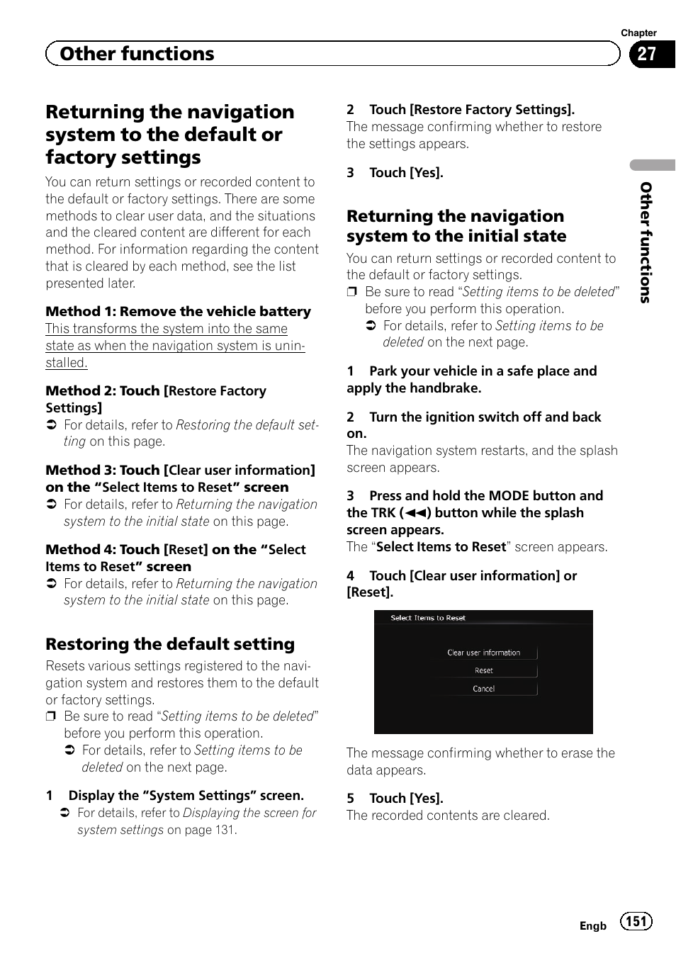 Returning the navigation system to the, Default or factory settings, Restoring the default setting 151 | Initial state, Other functions, Restoring the default setting | Pioneer AVIC-F930BT User Manual | Page 151 / 192