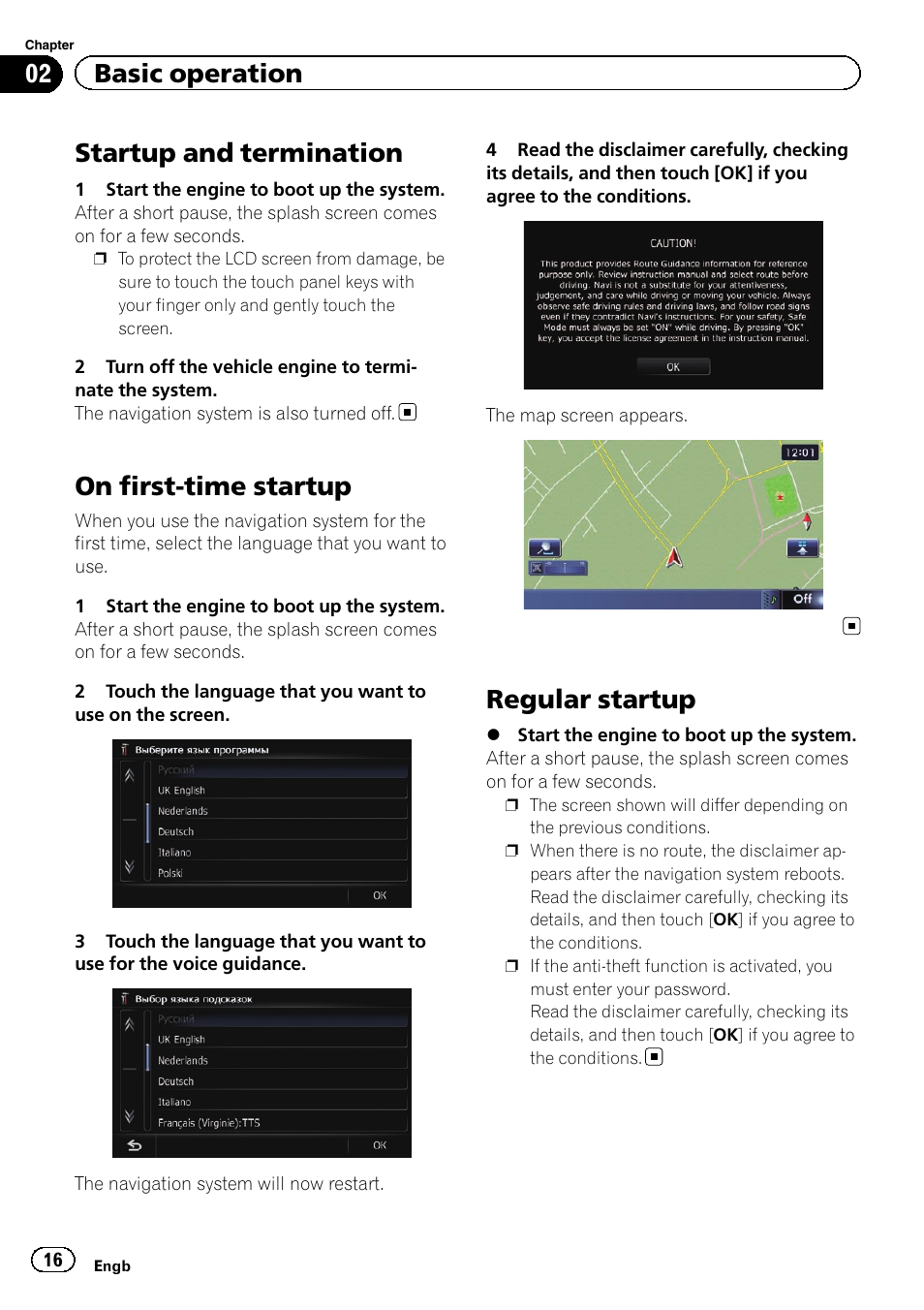 Startup and termination, On first-time startup, Regular startup | 02 basic operation | Pioneer AVIC-F930BT User Manual | Page 16 / 192
