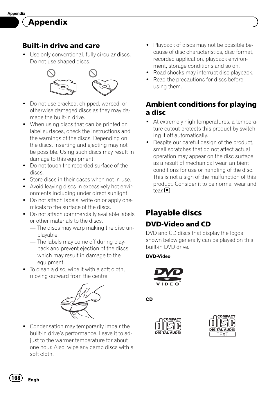 Built-in drive and care 168, Ambient conditions for playing a, Disc | Playable discs, Dvd-video and cd 168, Appendix, Built-in drive and care, Ambient conditions for playing a disc, Dvd-video and cd | Pioneer AVIC-F930BT User Manual | Page 168 / 192