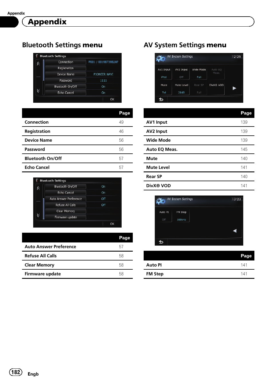 Bluetooth settings menu 182, Av system settings menu 182, Appendix | Bluetooth settings menu, Av system settings menu | Pioneer AVIC-F930BT User Manual | Page 182 / 192