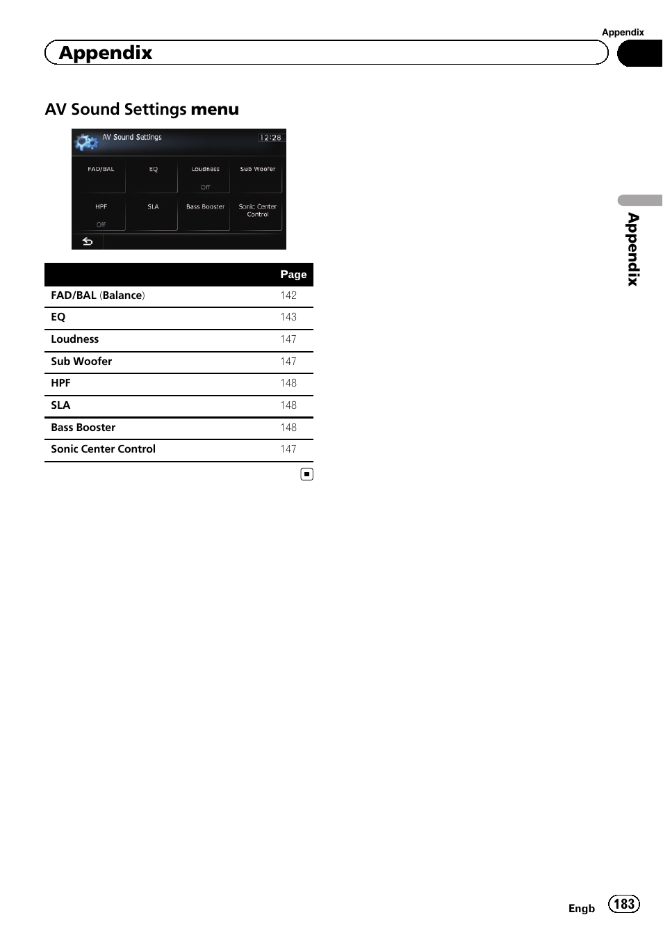 Av sound settings menu 183, Av sound settings menu, Appendix | Pioneer AVIC-F930BT User Manual | Page 183 / 192