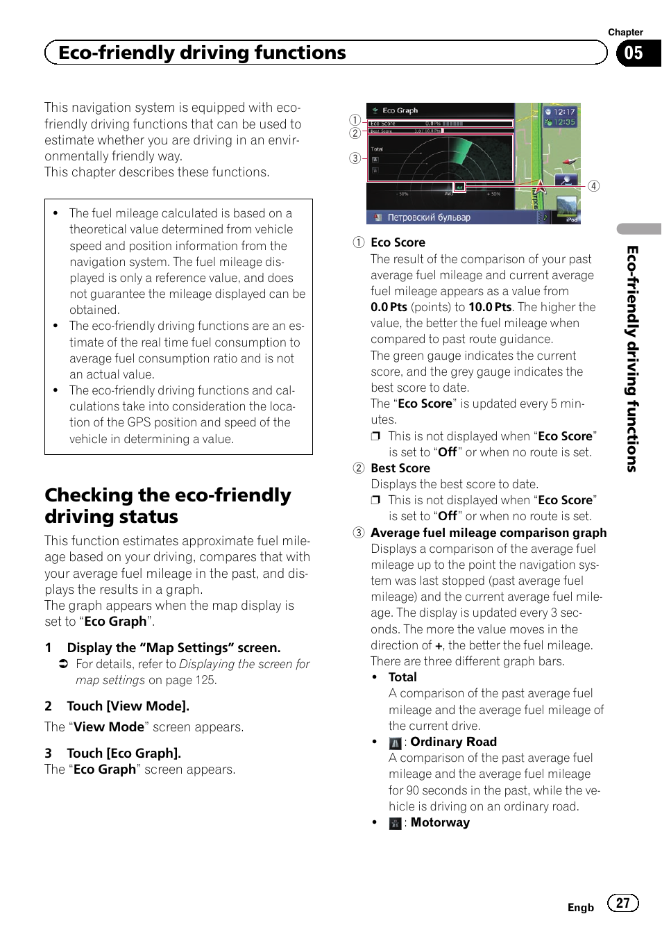 Checking the eco, Checking the eco-friendly driving status, Eco-friendly driving functions | Pioneer AVIC-F930BT User Manual | Page 27 / 192