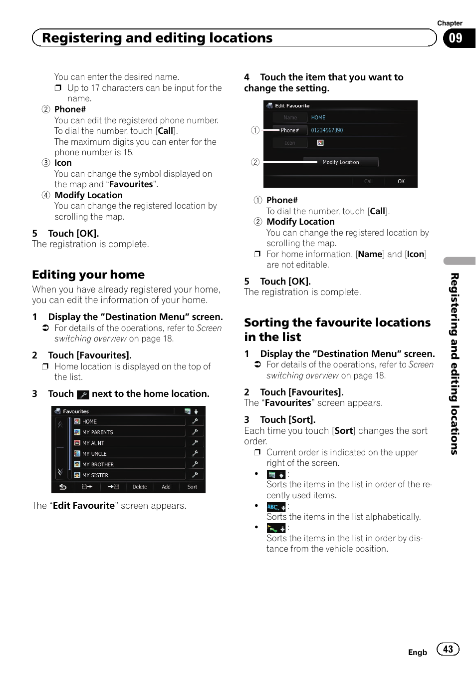 Editing your home 43, Sorting the favourite locations in the, List | Registering and editing locations, Editing your home, Sorting the favourite locations in the list | Pioneer AVIC-F930BT User Manual | Page 43 / 192
