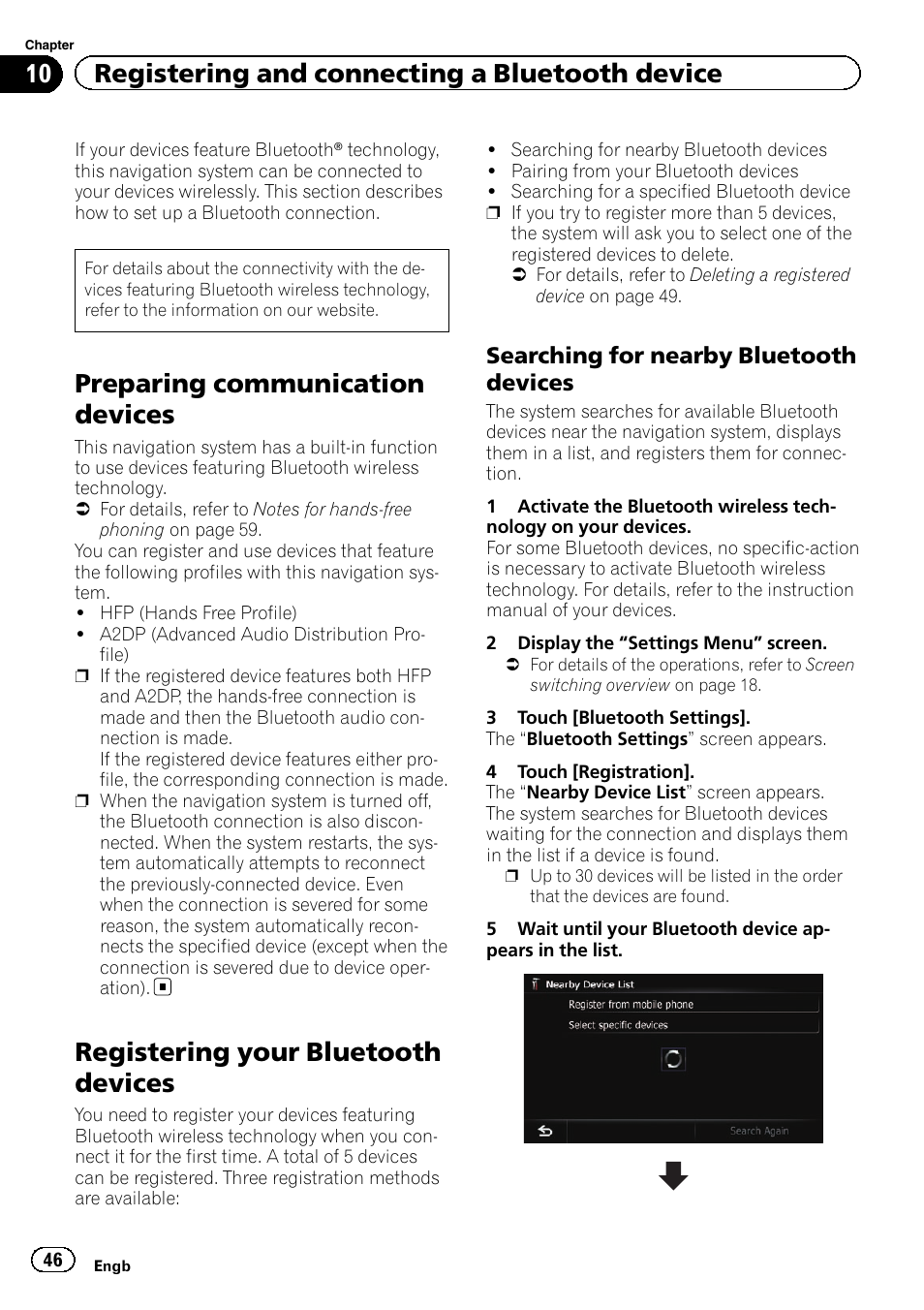 Registering your bluetooth devices, Searching for nearby bluetooth, Devices | Preparing communication devices, 10 registering and connecting a bluetooth device, Searching for nearby bluetooth devices | Pioneer AVIC-F930BT User Manual | Page 46 / 192
