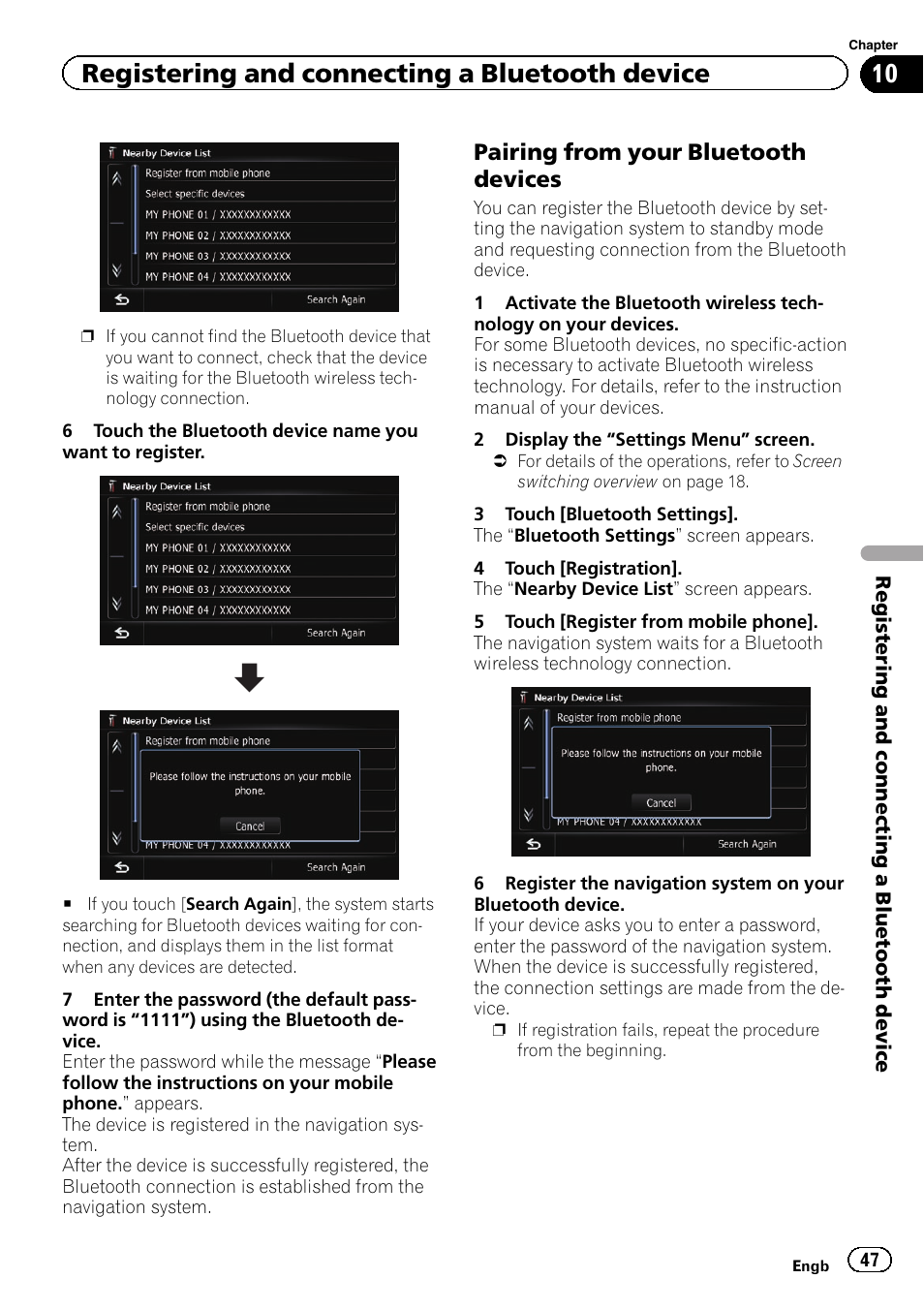 Pairing from your bluetooth, Devices, Registering and connecting a bluetooth device | Pairing from your bluetooth devices | Pioneer AVIC-F930BT User Manual | Page 47 / 192