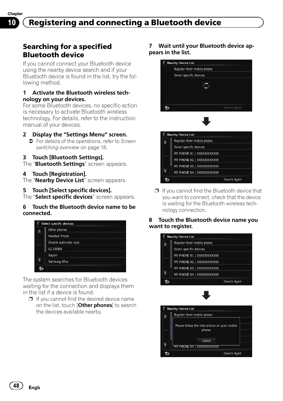 Searching for a specified bluetooth, Device, 10 registering and connecting a bluetooth device | Searching for a specified bluetooth device | Pioneer AVIC-F930BT User Manual | Page 48 / 192