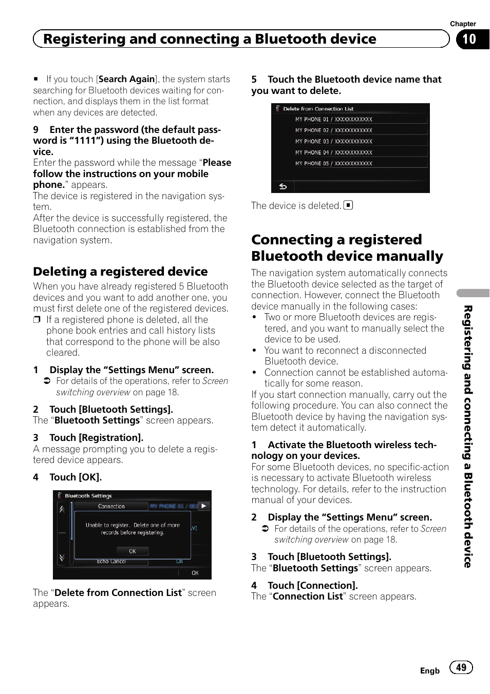 Deleting a registered device 49, Connecting a registered bluetooth device, Manually | Deleting a registered, Connecting a registered bluetooth device manually, Registering and connecting a bluetooth device, Deleting a registered device | Pioneer AVIC-F930BT User Manual | Page 49 / 192