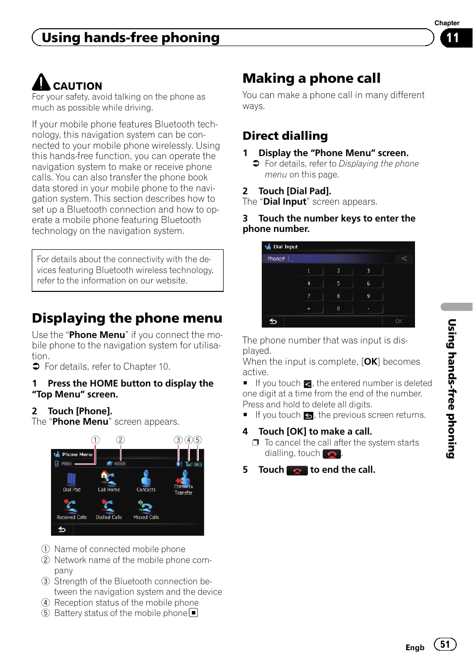 Using hands-free phoning displaying the phone menu, Making a phone call, Direct dialling 51 | Displaying the phone menu, Using hands-free phoning, Direct dialling | Pioneer AVIC-F930BT User Manual | Page 51 / 192