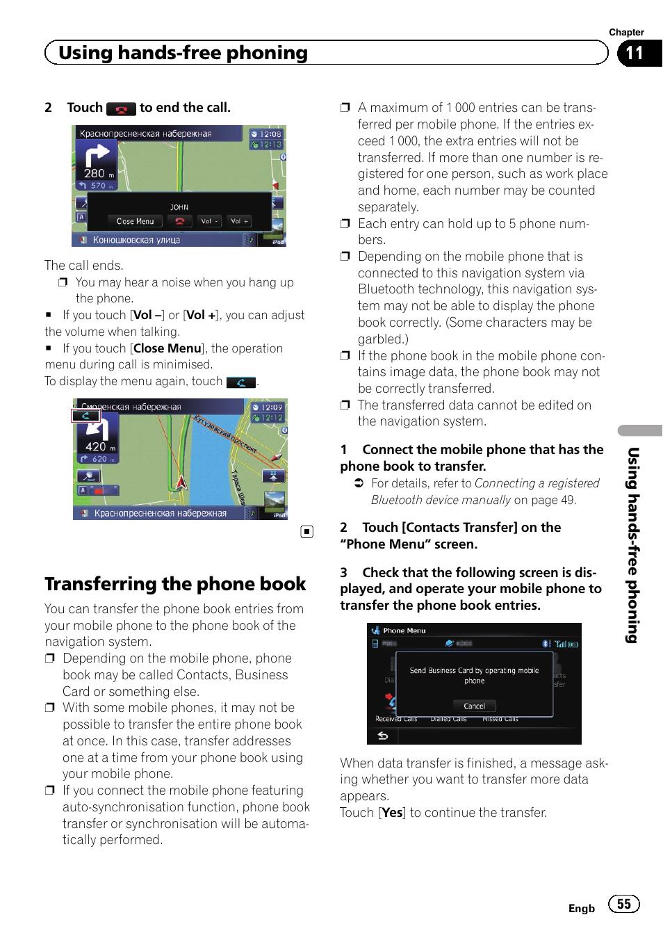 Transferring the phone book, Transferring the phone, Using hands-free phoning | Pioneer AVIC-F930BT User Manual | Page 55 / 192