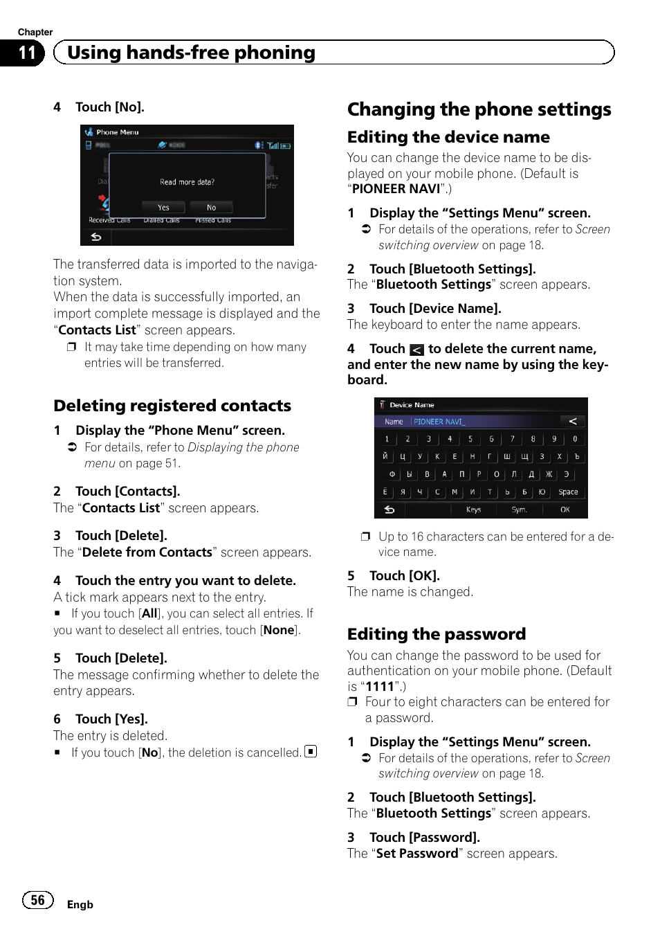 Deleting registered contacts 56, Changing the phone settings, Editing the device name 56 | Editing the password 56, 11 using hands-free phoning, Deleting registered contacts, Editing the device name, Editing the password | Pioneer AVIC-F930BT User Manual | Page 56 / 192