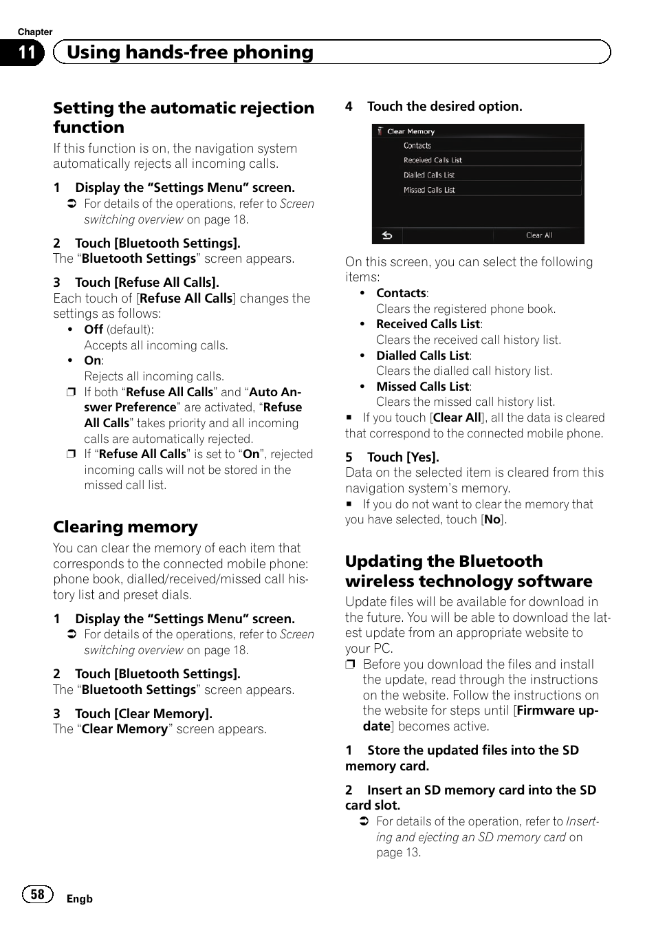 Setting the automatic rejection, Function, Clearing memory 58 | Updating the bluetooth wireless, Technology software, 11 using hands-free phoning, Setting the automatic rejection function | Pioneer AVIC-F930BT User Manual | Page 58 / 192