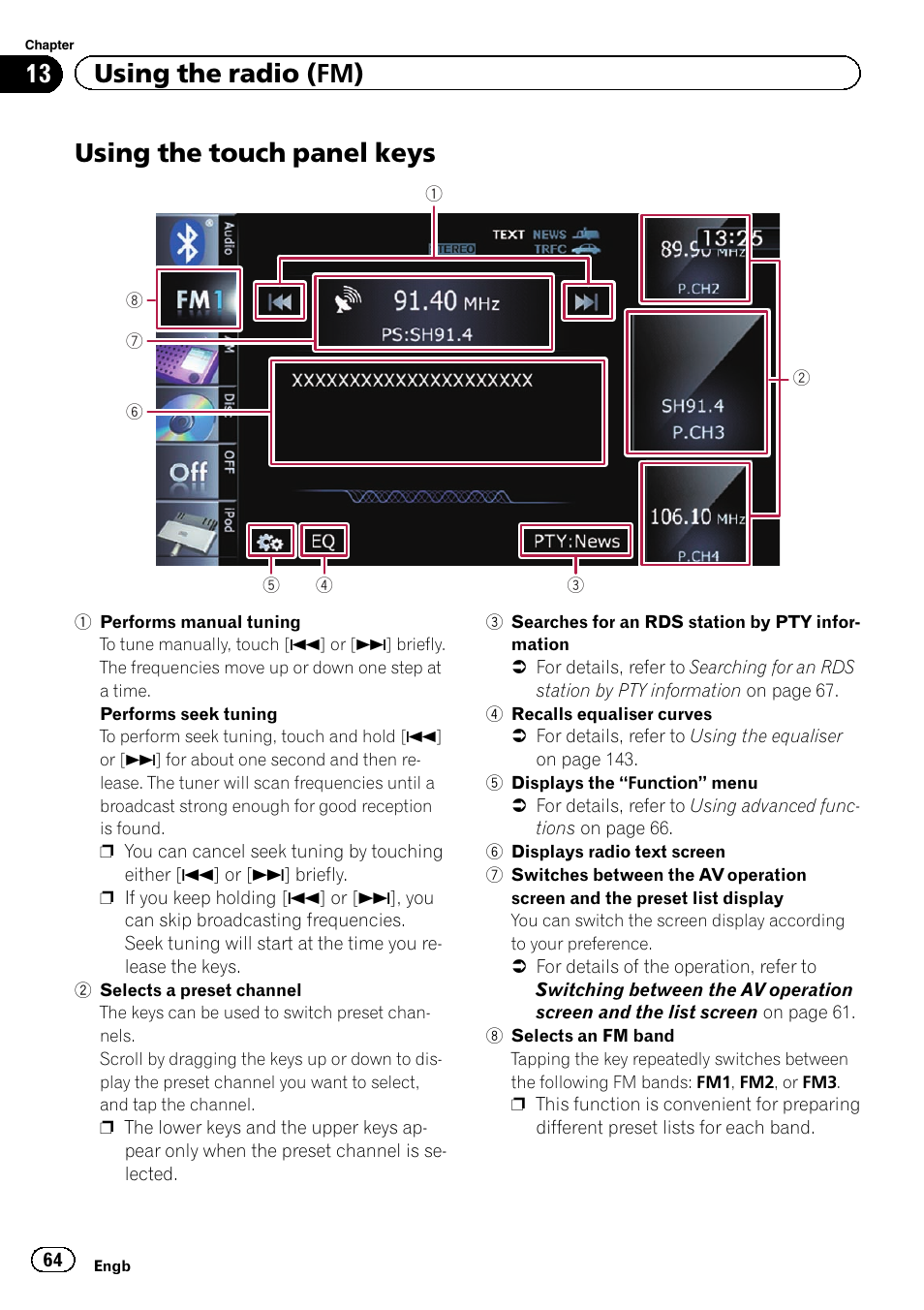 Using the touch panel keys, Using the touch panel, 13 using the radio (fm) | Pioneer AVIC-F930BT User Manual | Page 64 / 192