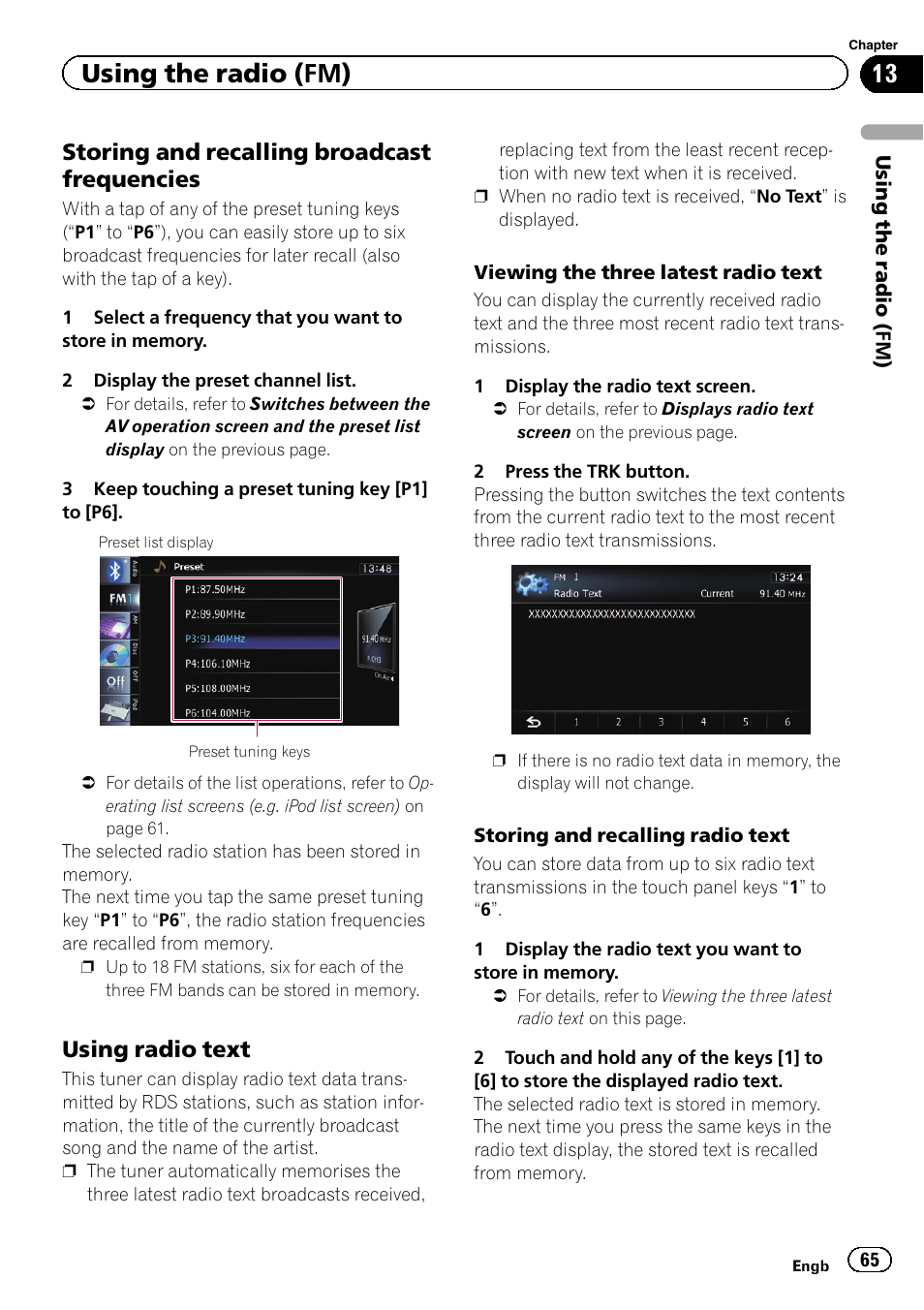 Storing and recalling broadcast, Frequencies, Using radio text 65 | Using the radio (fm), Storing and recalling broadcast frequencies, Using radio text | Pioneer AVIC-F930BT User Manual | Page 65 / 192