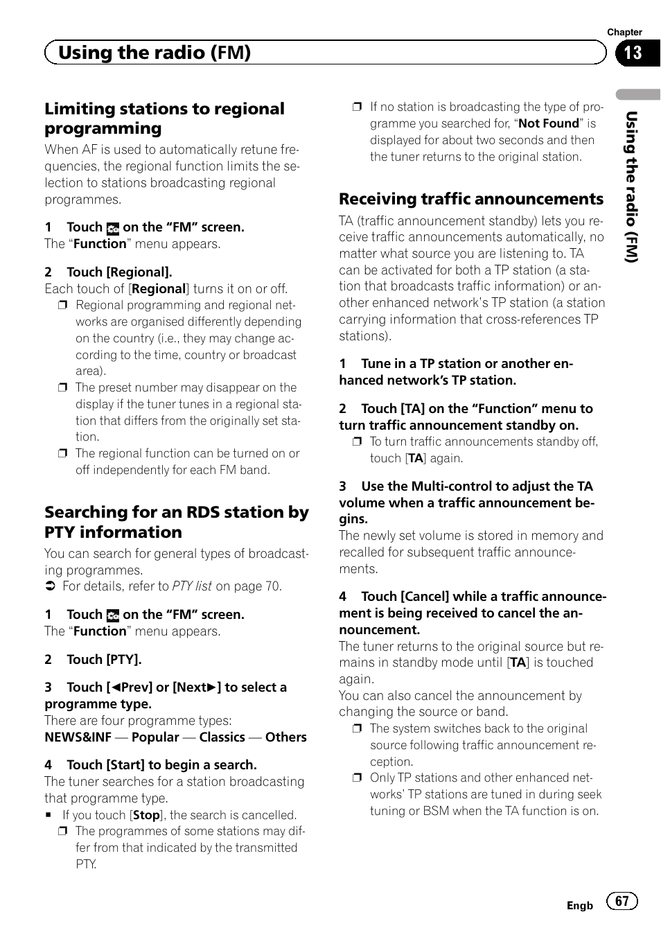 Limiting stations to regional, Programming, Searching for an rds station by pty | Information, Receiving traffic announcements 67, Searching for an rds, Using the radio (fm), Limiting stations to regional programming, Searching for an rds station by pty information, Receiving traffic announcements | Pioneer AVIC-F930BT User Manual | Page 67 / 192