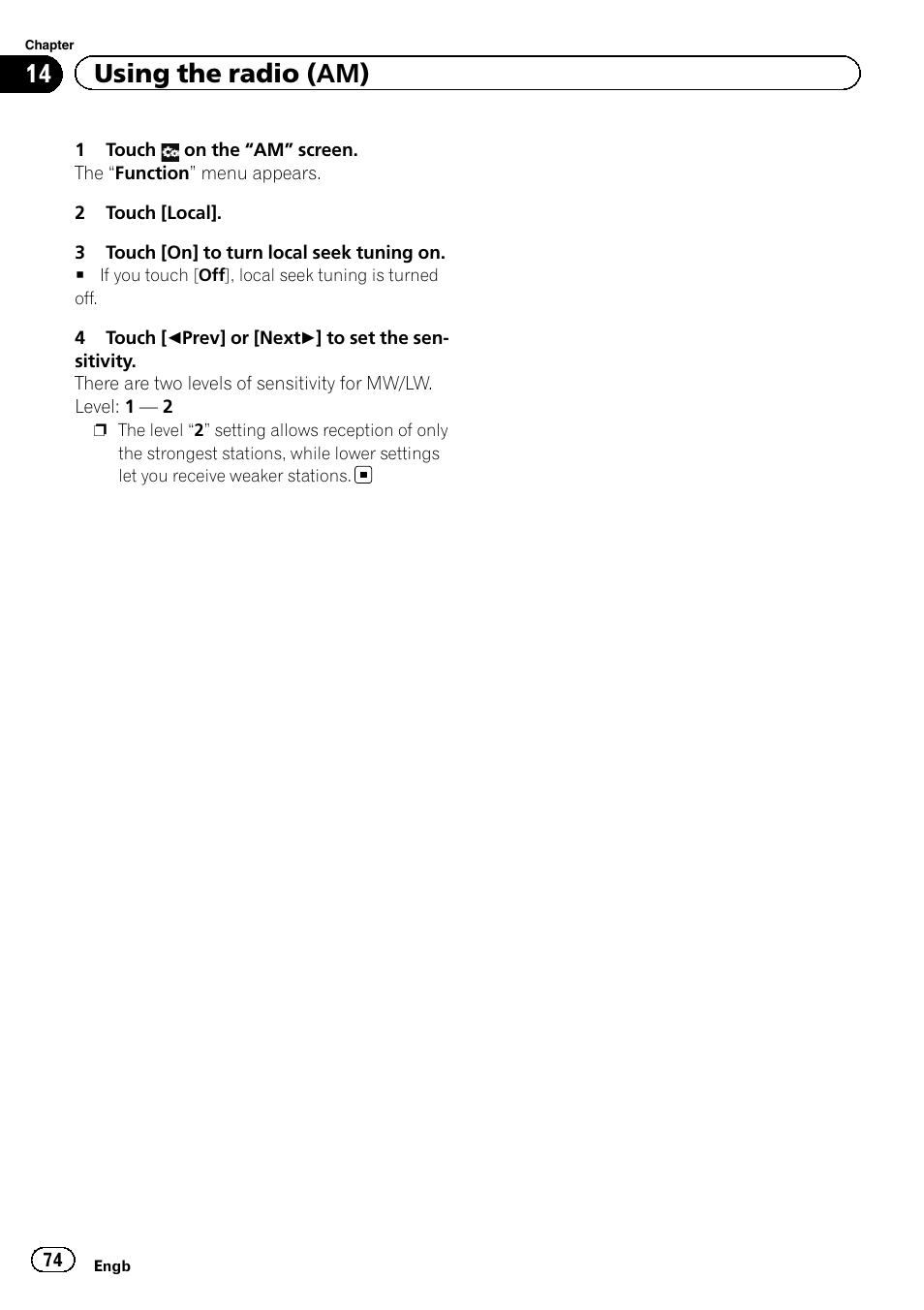 14 using the radio (am) | Pioneer AVIC-F930BT User Manual | Page 74 / 192