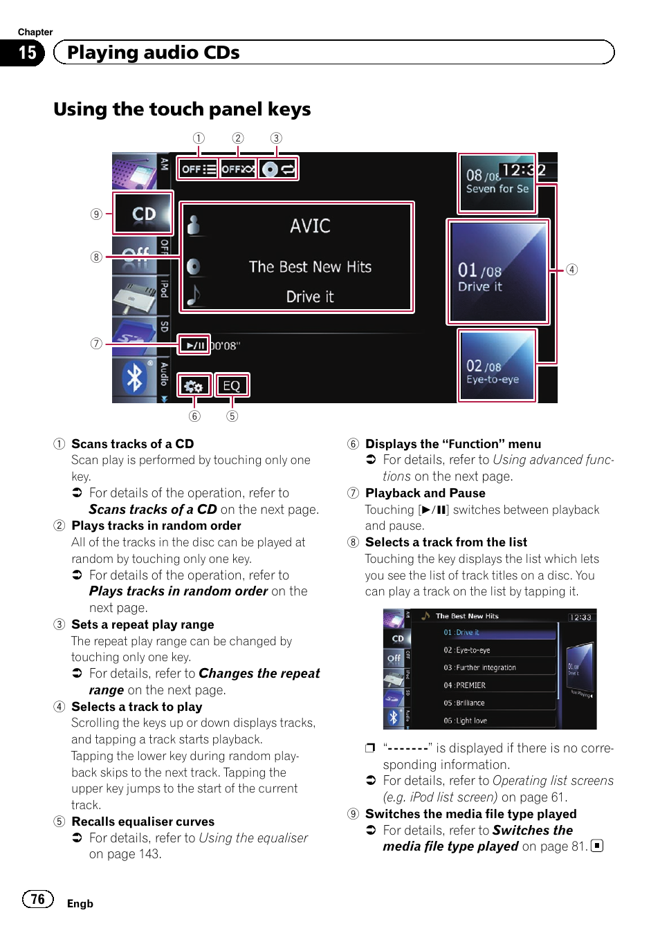 Using the touch panel keys, Using the touch panel, 15 playing audio cds | Pioneer AVIC-F930BT User Manual | Page 76 / 192