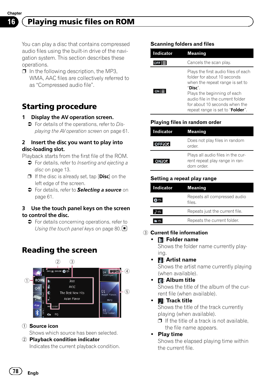 Playing music files on rom starting procedure, Reading the screen, Starting procedure | 16 playing music files on rom | Pioneer AVIC-F930BT User Manual | Page 78 / 192