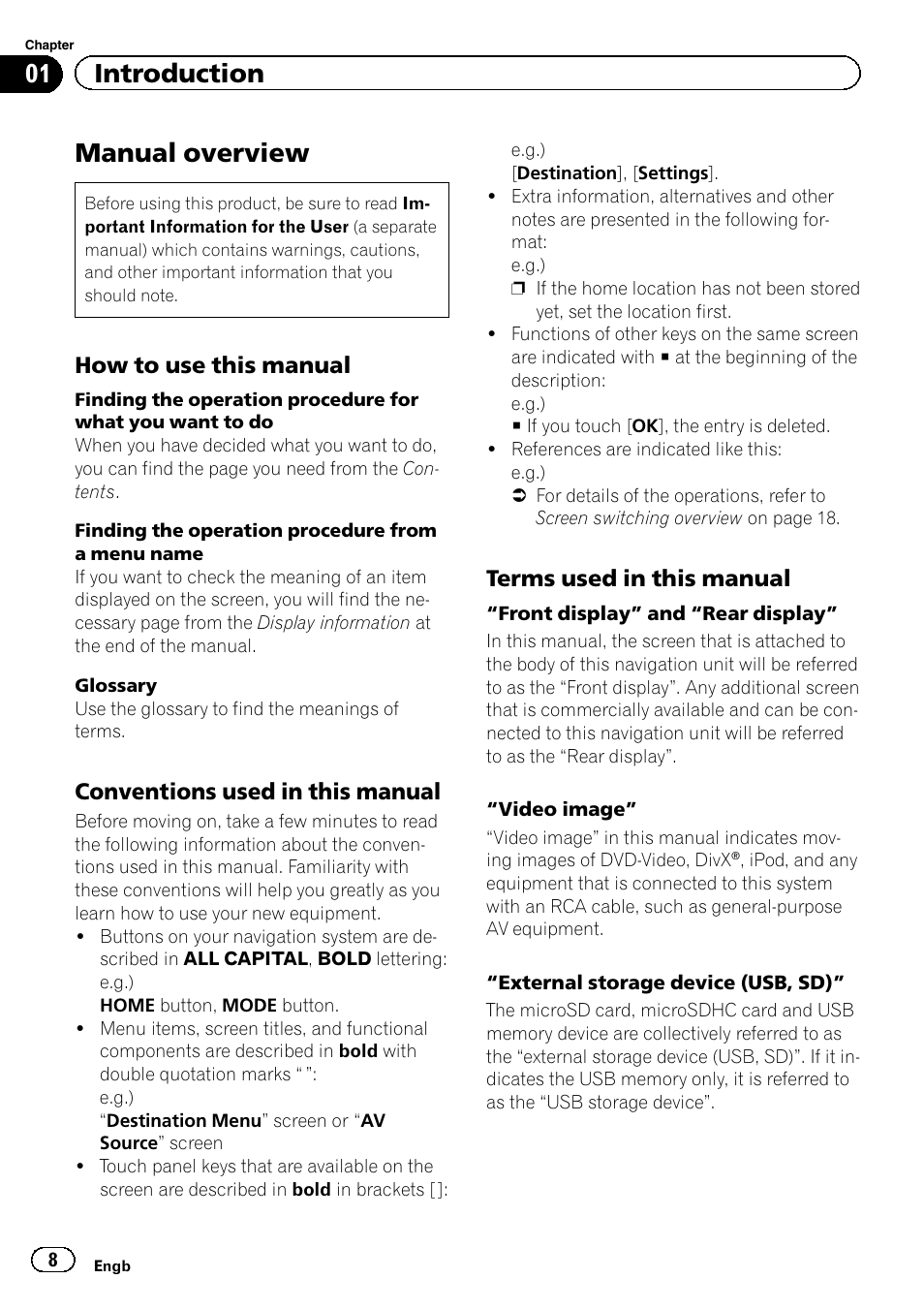 Introduction manual overview, How to use this manual 8, Conventions used in this manual 8 | Terms used in this manual 8, Manual overview, 01 introduction, How to use this manual, Conventions used in this manual, Terms used in this manual | Pioneer AVIC-F930BT User Manual | Page 8 / 192
