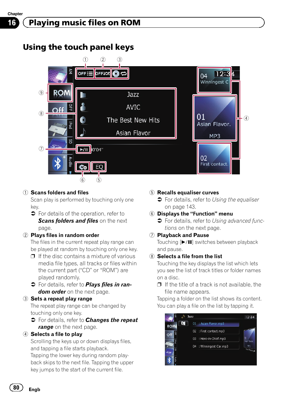 Using the touch panel keys, 16 playing music files on rom | Pioneer AVIC-F930BT User Manual | Page 80 / 192