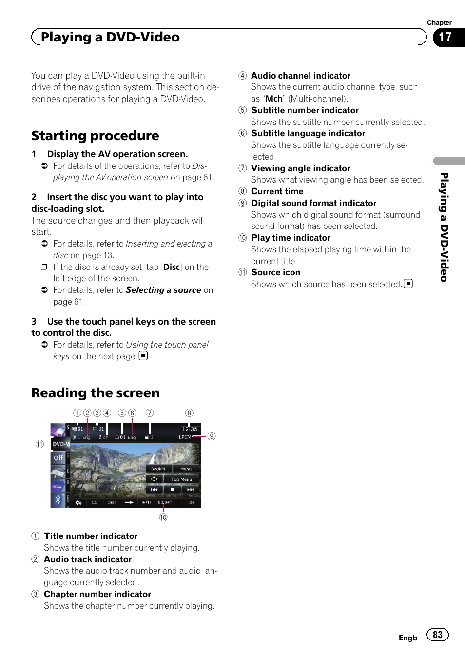 Playing a dvd-video starting procedure, Reading the screen, Starting procedure | Playing a dvd-video | Pioneer AVIC-F930BT User Manual | Page 83 / 192