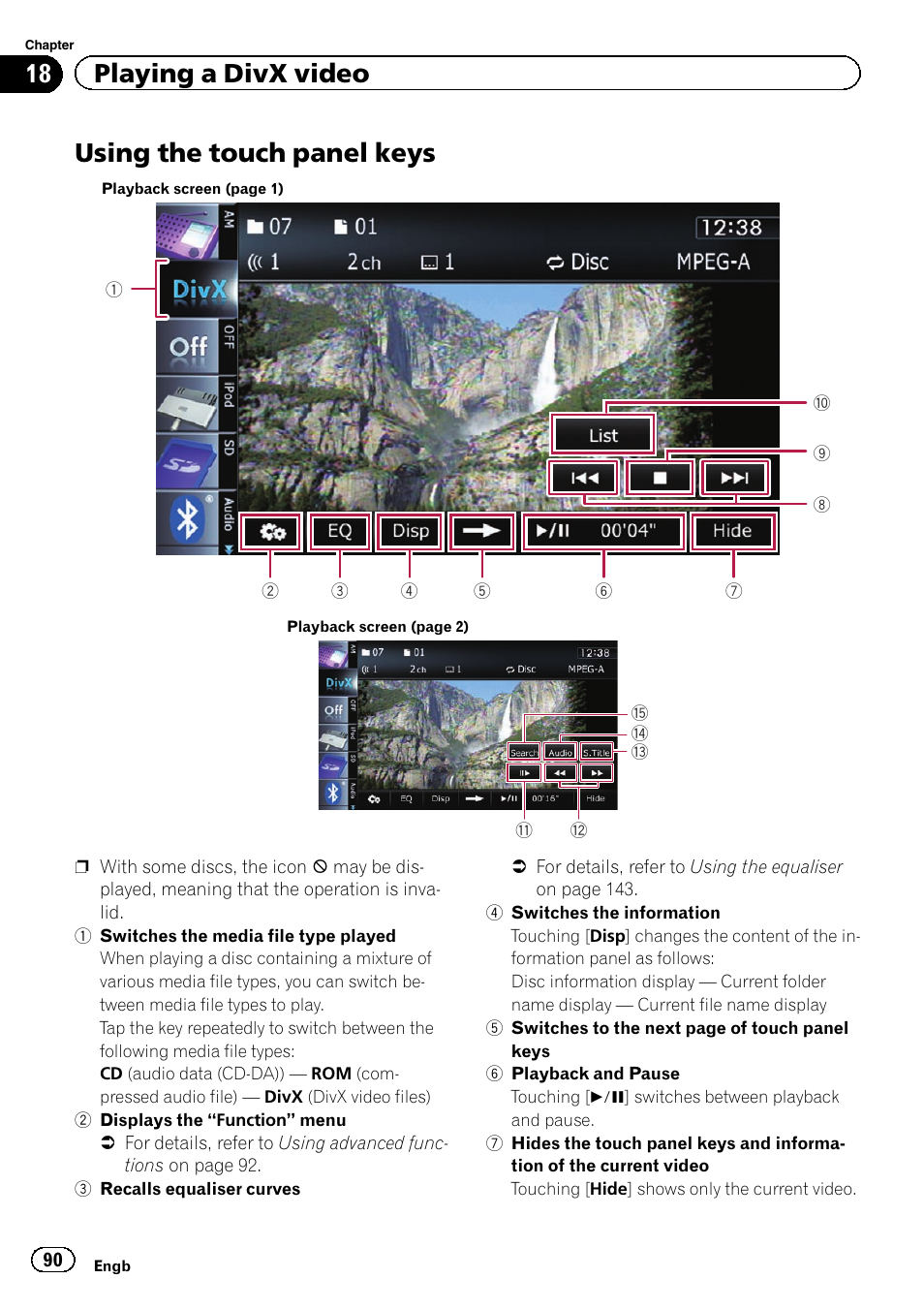 Using the touch panel keys, Using the touch panel, 18 playing a divx video | Pioneer AVIC-F930BT User Manual | Page 90 / 192