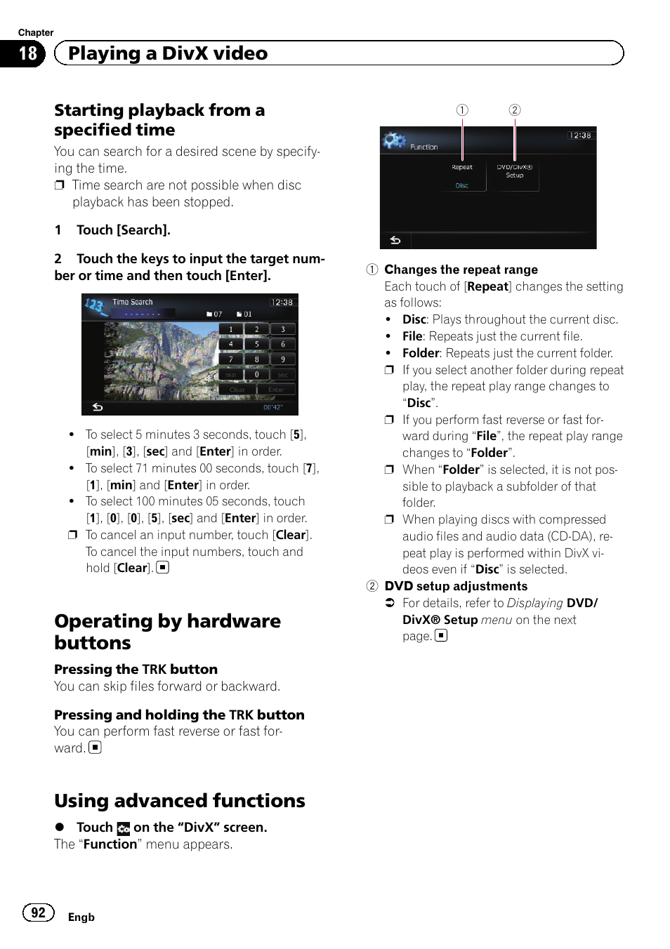 Starting playback from a specified, Time, Operating by hardware buttons | Using advanced functions, Changes the repeat, Using advanced func, Starting playback, 18 playing a divx video, Starting playback from a specified time | Pioneer AVIC-F930BT User Manual | Page 92 / 192