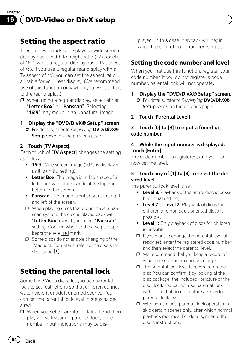 Setting the aspect ratio, Setting the parental lock, Setting the code number and level 94 | 19 dvd-video or divx setup, Setting the code number and level | Pioneer AVIC-F930BT User Manual | Page 94 / 192