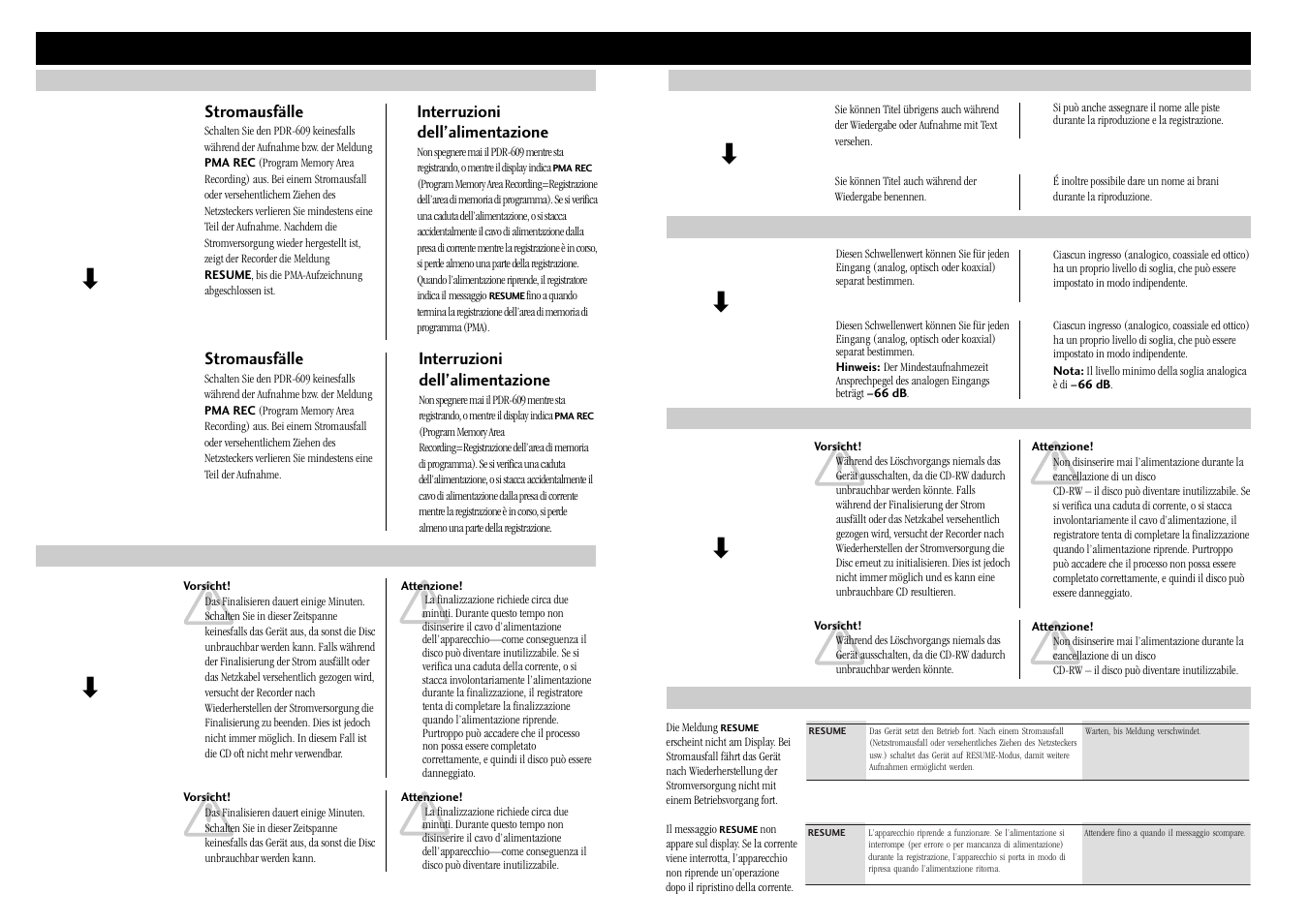 Korrektur correzione ge / it, Stromausfälle, Interruzioni dell’alimentazione | Pioneer PDR-609 User Manual | Page 2 / 2