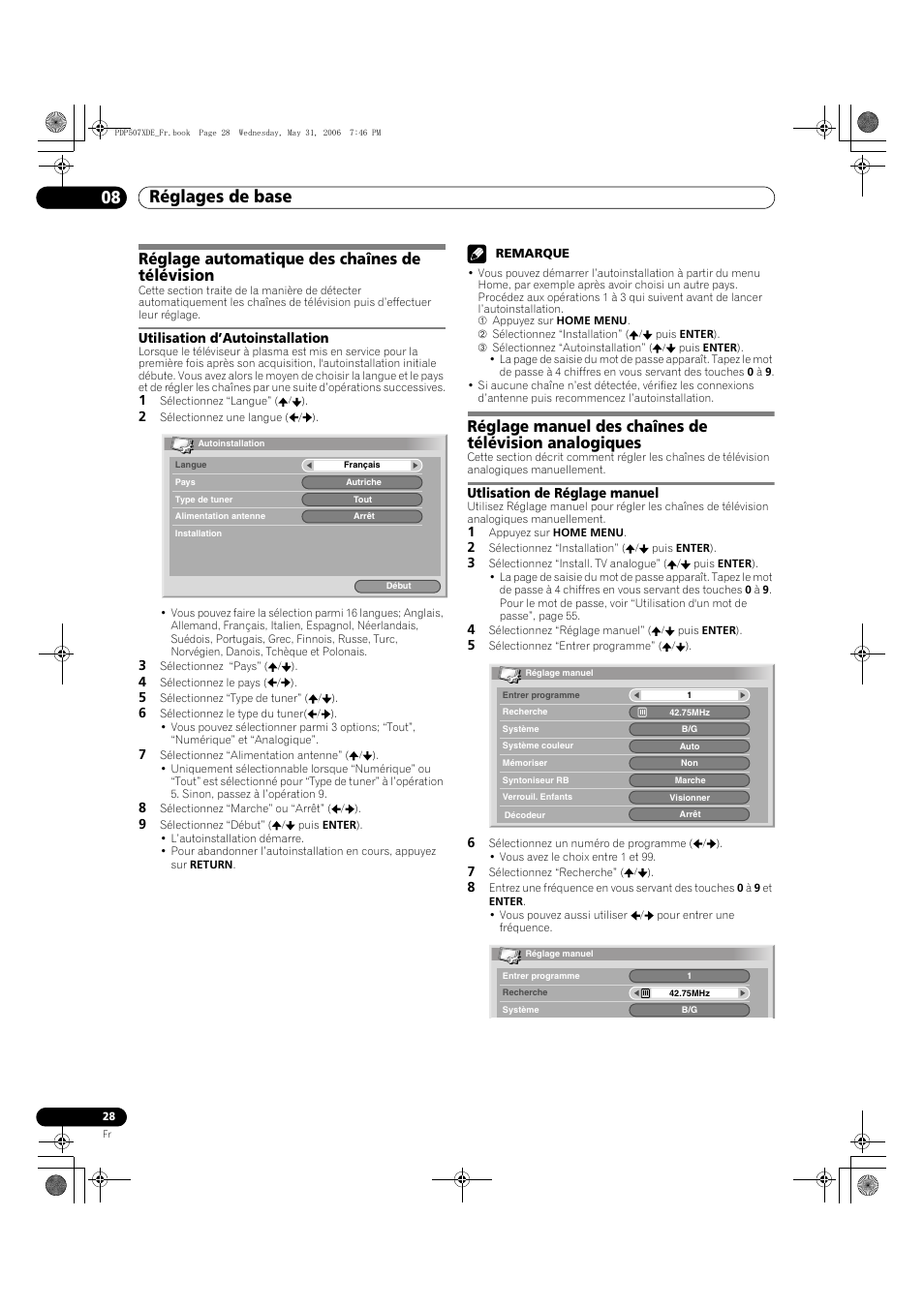 08 réglages de base, Réglage automatique des chaînes de télévision, Utilisation d’autoinstallation | Utlisation de réglage manuel, Réglages de base 08 réglages de base | Pioneer PDP-507XD User Manual | Page 100 / 218