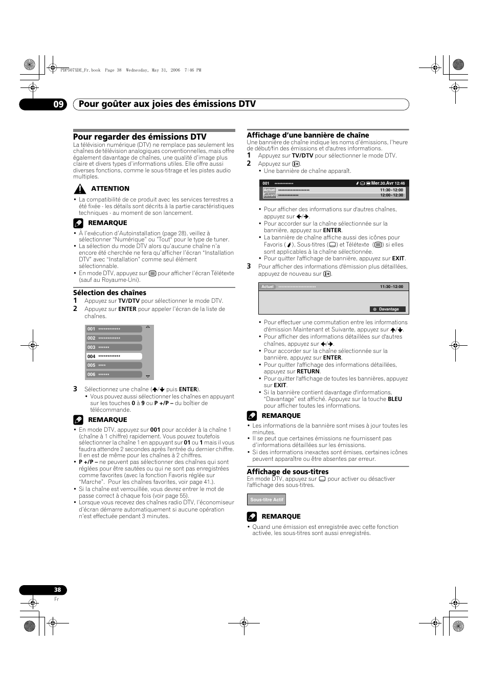 09 pour goûter aux joies des émissions dtv, Pour regarder des émissions dtv | Pioneer PDP-507XD User Manual | Page 110 / 218