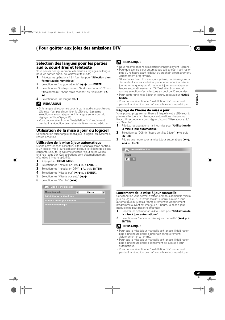 Pour goûter aux joies des émissions dtv 09, Utilisation de la mise à jour du logiciel | Pioneer PDP-507XD User Manual | Page 115 / 218