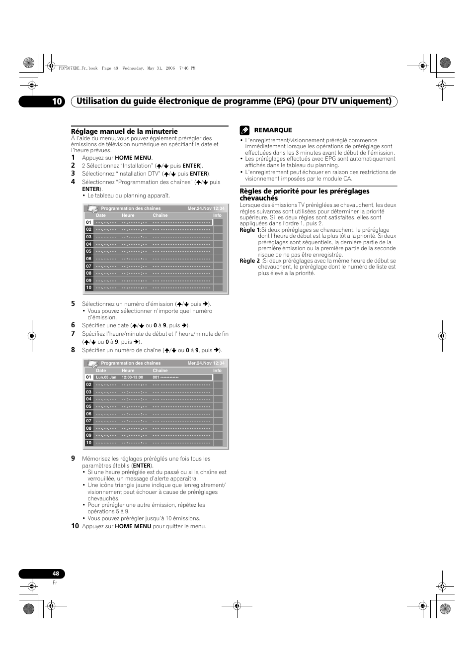 Réglage manuel de la minuterie, Règles de priorité pour les préréglages chevauchés, Remarque | Pioneer PDP-507XD User Manual | Page 120 / 218