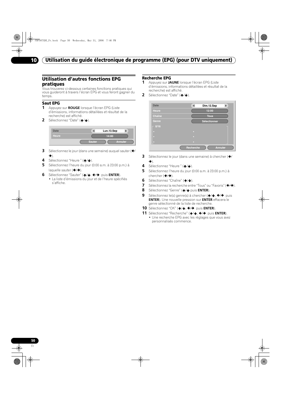 Utilisation d’autres fonctions epg pratiques, Saut epg recherche epg | Pioneer PDP-507XD User Manual | Page 122 / 218