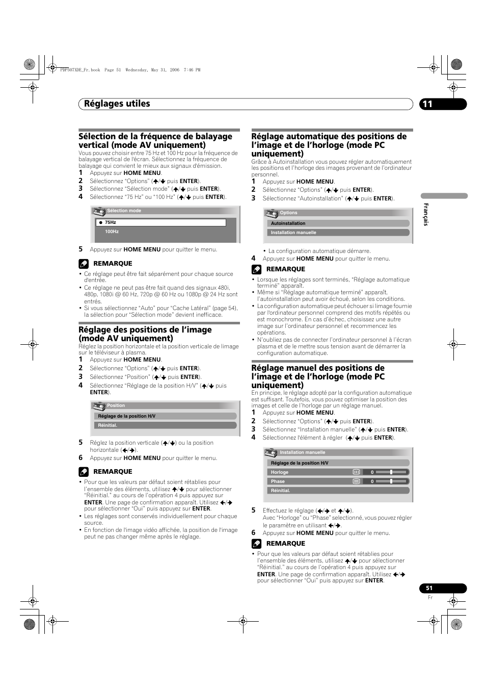 11 réglages utiles, Réglages utiles 11, Réglages utiles | Pioneer PDP-507XD User Manual | Page 123 / 218