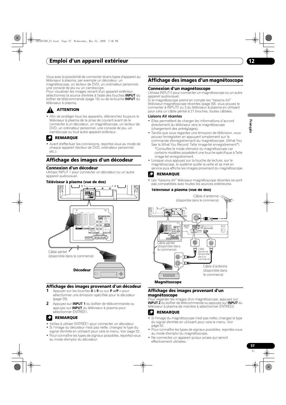 12 emploi d'un appareil extérieur, Affichage des images d'un décodeur, Affichage des images d’un magnétoscope | Emploi d'un appareil extérieur 12, Emploi d'un appareil extérieur | Pioneer PDP-507XD User Manual | Page 129 / 218