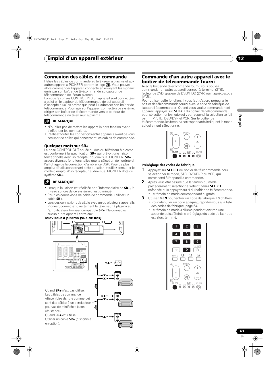 Connexion des câbles de commande, Quelques mots sur sr, Emploi d'un appareil extérieur 12 | Pioneer PDP-507XD User Manual | Page 135 / 218